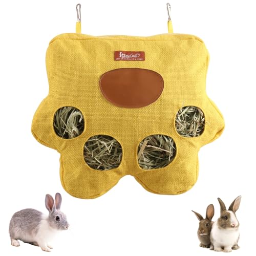 1 Stück Gelb Heufutterstation mit 4 Zugangslöchern - Hängende Heutasche für Kaninchen/Meerschweinchen/Chinchilla, Anti-Schimmel Design & Maschinenwaschbar，Extrabreite Öffnungen (34x30cm) von LaresDay