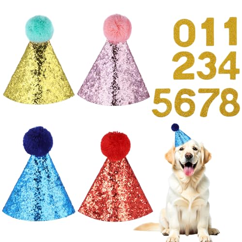 Geburtstagshut für Hunde, 4 Stück, Geburtstagshut für Hunde mit 0–9 Zahlen, niedliche Partyhüte für Hunde, Katzen, für Urlaub, Hochzeit, Welpen, Kätzchen, Kostümzubehör (Rot, Rosa, Blau, Gold) Geburtstagshut für Hunde, 4 Stück, Geburtstagshut für Hunde mit 0–9 Zahlen, niedliche Partyhüte für Hunde, Katzen, für Urlaub, Hochzeit, Welpen, Kätzchen, Kostümzubehör (Rot, Rosa, Blau, Gold) von Larrel