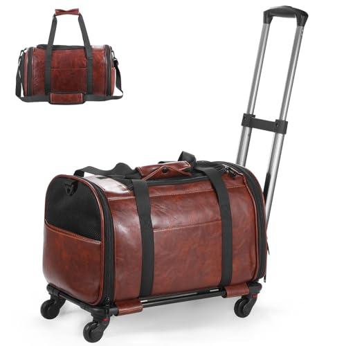 Lasaviin Haustier-Tragetasche aus Leder mit Rollen, von Fluggesellschaften zugelassene Reisetasche für kleine Hunde und Katzen unter 6,8 kg, rollende Haustier-Tragetasche für Flugzeug, Camping und Lasaviin Haustier-Tragetasche aus Leder mit Rollen, von Fluggesellschaften zugelassene Reisetasche für kleine Hunde und Katzen unter 6,8 kg, rollende Haustier-Tragetasche für Flugzeug, Camping und von Lasaviin