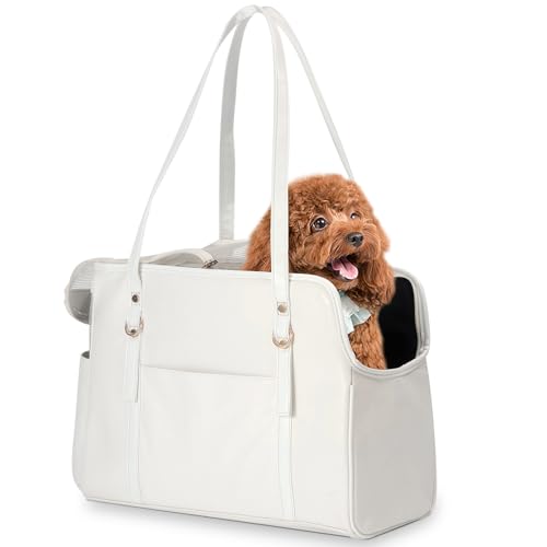 Lasaviin Hundetragetasche, modische Leder-Haustier-Tragetasche mit Taschen, von Fluggesellschaften zugelassen, weiche Seiten, für Welpen, Katzen, Hunde, Weiß Lasaviin Hundetragetasche, modische Leder-Haustier-Tragetasche mit Taschen, von Fluggesellschaften zugelassen, weiche Seiten, für Welpen, Katzen, Hunde, Weiß von Lasaviin