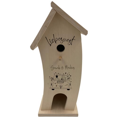 Personalisiertes Vogelhaus zur Hochzeit | Vogelhaus mit Namen als Gravur (Liebesnest V2, Standard) von LaserGrote