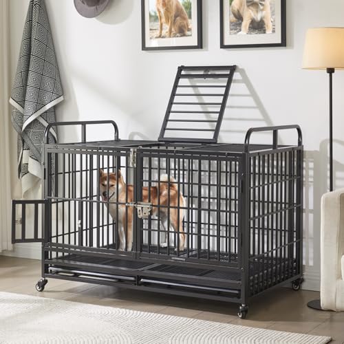 Lauren&Harold Robuste Hundekäfig-Möbel für mittelgroße und große Hunde, Metall-Hundehütte für den Innenbereich mit oberer Tür und Futtertür, XL-Hundekäfig mit herausnehmbarem Tablett und Rädern, große Lauren&Harold Robuste Hundekäfig-Möbel für mittelgroße und große Hunde, Metall-Hundehütte für den Innenbereich mit oberer Tür und Futtertür, XL-Hundekäfig mit herausnehmbarem Tablett und Rädern, große von Lauren Harold