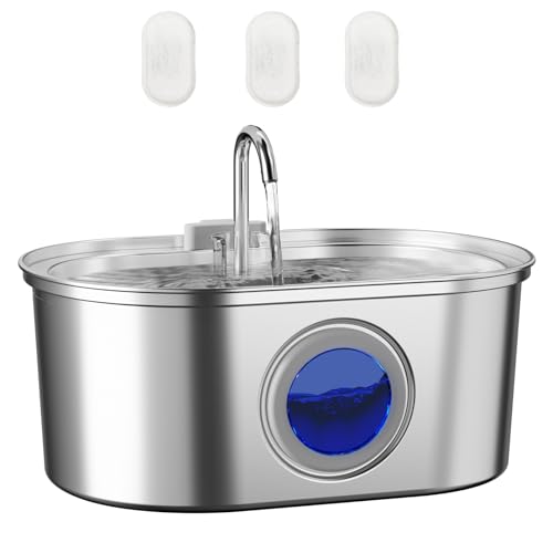 Lawfery Automatischer Katzenwasserbrunnen aus Edelstahl, 0,8 gal/3,061.7 g Haustier-Wasserbrunnen, 3 Ersatz-Kohlefilter, leise Pumpe, geeignet für Katzen, Hunde und Haushalte mit mehreren Haustieren von Lawfery