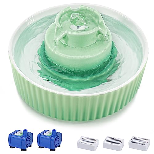 Lawfery Katzenwasserbrunnen Porzellan, 2,1 l Katzenbrunnen mit 3 Kohlefiltern und 2 Wasserpumpen, Cupcake Haustier Wasserbrunnen für Katzen und Hunde (Grün) von Lawfery