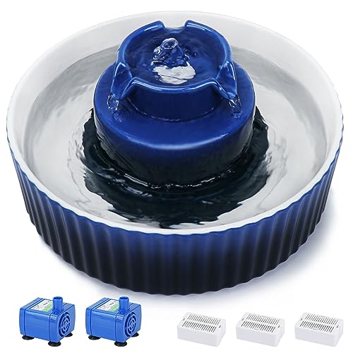 Lawfery Keramik Katze Wasserbrunnen, 2.1L/2,012.8 g Katzenbrunnen mit 3 Kohlefiltern und 2 Wasserpumpen, Cupcake Haustier Wasserbrunnen für Katzen und Hunde (Dunkelblau) von Lawfery