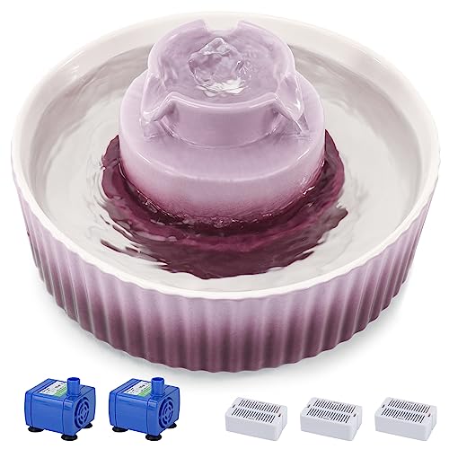 Lawfery Keramik Katze Wasserbrunnen, 2.1L/2,012.8 g Katzenbrunnen mit 3 Kohlefiltern und 2 Wasserpumpen, Cupcake Haustier Wasserbrunnen für Katzen und Hunde (Lila) von Lawfery
