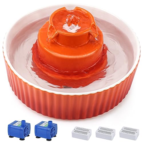 Lawfery Keramik-Katzen-Wasserbrunnen, 2,1 l Katzenbrunnen mit 3 Kohlefiltern und 2 Wasserpumpen, Cupcake-Haustier-Wasserbrunnen für Katzen und Hunde (Orange) von Lawfery