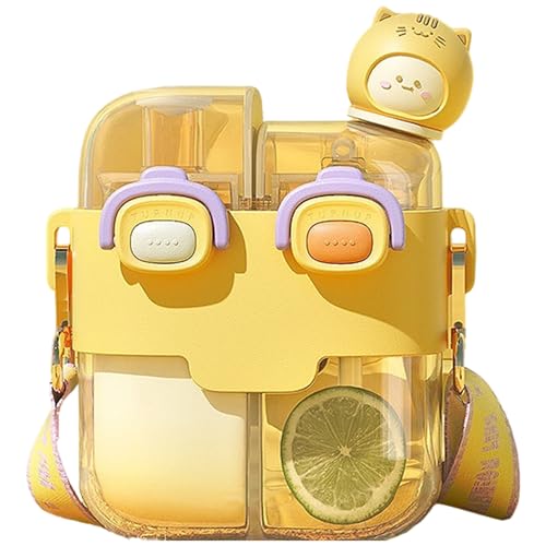Lawnrden Süße Wasserflasche für Kinder, Kawaii Wasserflasche Dual Chamber mit Stroh & Gurt & Lock 530 ml tragbarer Leckschutz für Schulsportreisen, Gelb Lawnrden Süße Wasserflasche für Kinder, Kawaii Wasserflasche Dual Chamber mit Stroh & Gurt & Lock 530 ml tragbarer Leckschutz für Schulsportreisen, Gelb von Lawnrden