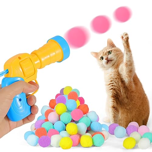Interaktives Katzenspielzeug für Indoor-Katzen, 50 Stück Pom Pom Puff Bälle mit Launcher Set, Kätzchenspielzeug, Katzenball Pistole Spielzeug (50 Stück Bälle) von Laxier