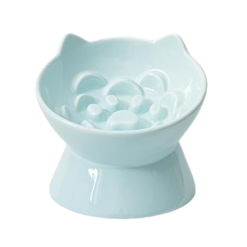 LE SERVETA Macarons Series Futternapf aus Keramik, langsames Fressnapf, erhöhtes Puzzle, Anti-Erbrechen, erhöhter Futternapf, Schnurrhaar-freundlich mit niedlichem Ohr-Design (blau) von Le Serveta