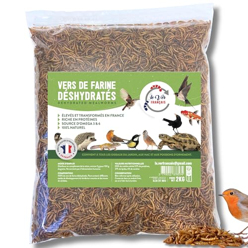 Mehlwürmer für Hühner, Vögel, Hamster, Reptilien – getrocknet und gezüchtet in Frankreich – reich an Protein 55 % – Nahrungsergänzungsmittel für Tiere 100 % natürlich (2 kg) von Le Ver Français