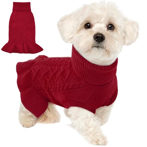 LeLePet Hundepullover mit Weihnachts-Rollkragen-Strickwaren, Sweatshirt, Zopfmuster, warmes Kleid für kleine, mittelgroße und große Hunde, Welpen, Herbstpullover, Dackel, Shih Tzu, L, Rot von LeLePet