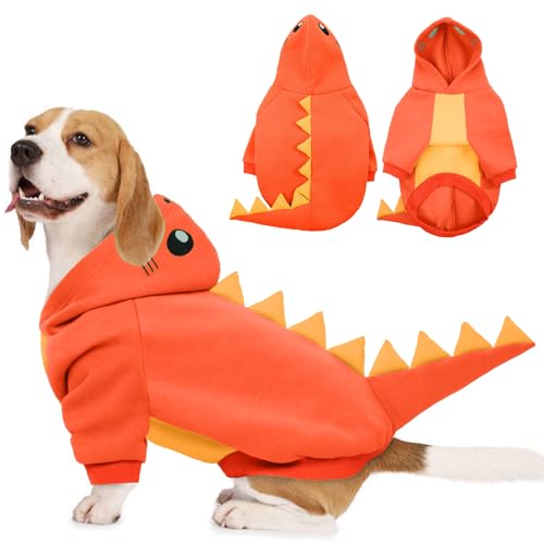 Lelepet Dinosaurier-Kostüm, großes Hunde-Halloween-Kostüm, warmer Fleece-Hoodie für große Hunde, dickes Sweatshirt, Französische Bulldogge, Beagle, Labor, Dackel, Windhund, Pitbull, Orange (XS-2XL von LeLePet