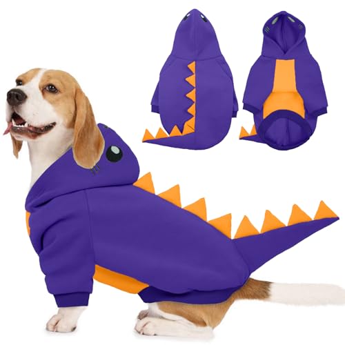 Lelepet Dinosaurier-Kostüm, großes Hunde-Halloween-Kostüm, warmer Fleece-Hoodie für kleine Hunde, dickes Sweatshirt, Französische Bulldogge, Beagle, Labor, Dackel, Windhund, Pitbull, Lila (XS-2XL von LeLePet