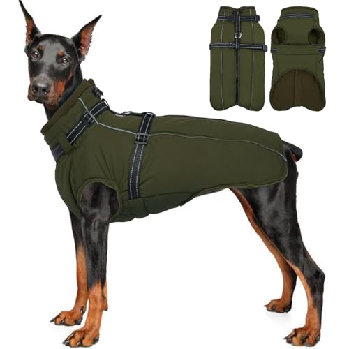 Lelepet Großer Hundemantel mit Geschirr – warme, wasserdichte Fleecejacke, Winter, reflektierende Weste, Schneeanzug für Französische Bulldogge, Armeegrün, Größe L von LeLePet