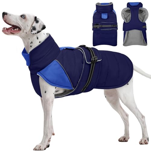 Lelepet Hunde-Wintermantel, wasserdicht, warme Welpenjacke mit reflektierenden Streifen, mit Fleece gefüttert, verstellbare Passform für große Hunde, kaltes Wetter, winddichte Hundeweste, Marineblau von LeLePet