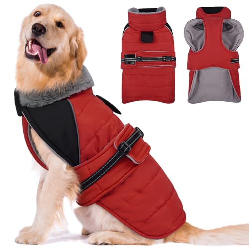 Lelepet Hunde-Wintermantel, wasserdicht, warme Welpenjacke mit reflektierenden Streifen, mit Fleece gefüttert, verstellbare Passform für große Hunde, winddichte Hundeweste für kaltes Wetter, Rot, 2XL von LeLePet