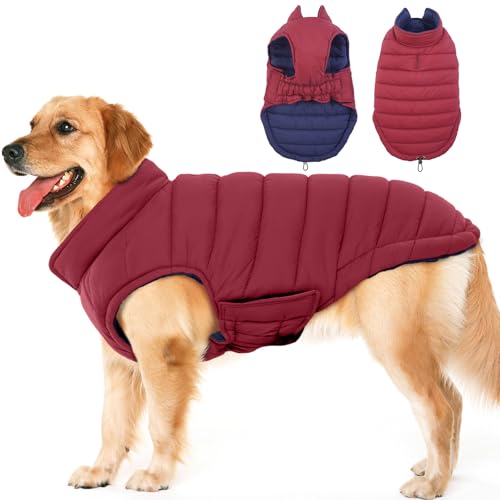 Lelepet Hundemantel Winter Jacke für Große Hunde, Wasserdicht Warmer Hunde Winterjacke, Wendbarer Winddicht Hundejacke mit Klettverschluss, Rot XL von LeLePet