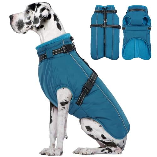 Lelepet Hundemantel für den Winter, Warme Hundejacke mit integriertem Geschirr, Winddicht Mantel mit Fleece Gefüttert für Hunde, Reflektierende Hundeweste für Kaltes Wetter, Blau 2XL von LeLePet
