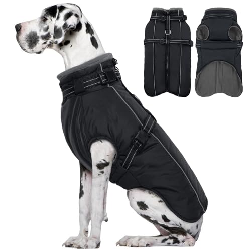 Lelepet Hundemantel für den Winter, Warme Hundejacke mit integriertem Geschirr, Winddicht Mantel mit Fleece Gefüttert für Hunde, Reflektierende Hundeweste für Kaltes Wetter, Schwarz 2XL von LeLePet