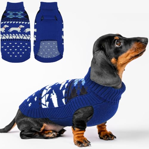 Lelepet Hundepullover für Dackel Strickpullover mit Dackel Muster Warmer Hundepullover Rollkragen Winterpullover für Kleine Hunde Blau S von LeLePet