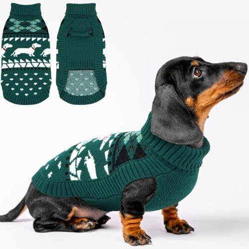 Lelepet Hundepullover für Dackel Strickpullover mit Dackel Muster Warmer Hundepullover Rollkragen Winterpullover für Kleine Hunde Grün S von LeLePet