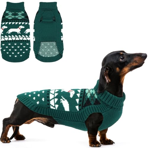 Lelepet Hundepullover für Dackel Strickpullover mit Dackel Muster Warmer Hundepullover Rollkragen Winterpullover für Mittelgroße Große Hunde Grün L von LeLePet