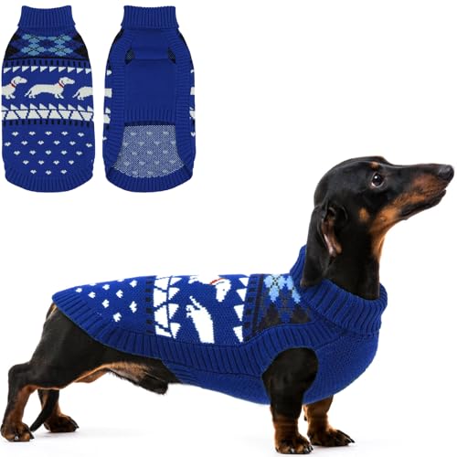 Lelepet Hundepullover für Dackel Strickpullover mit Dackel Muster Warmer Hundepullover Rollkragen Winterpullover für Mittelgroße Hunde Blau M von LeLePet