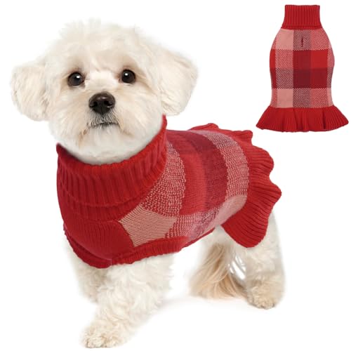 Lelepet Hundepulloverkleid, kleiner Hundepullover für Mädchen, Rollkragenpullover für kleine Hunde, karierter Hunde-Weihnachtspullover, warmer Herbst-Haustierpullover, Strickwaren mit Loch für die von LeLePet