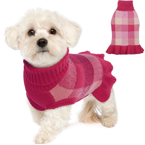 Lelepet Hundepulloverkleid, kleiner Hundepullover für Mädchen Rollkragenpullover für kleine Hunde, karierter Hunde-Weihnachtspullover, warmer Herbst-Haustierpullover, Strickwaren mit Loch für die von LeLePet
