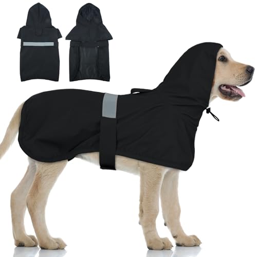 Lelepet Hunderegenmantel, wasserdichter Regenmantel für extra große Hunde, winddichter Poncho mit verstellbaren Hinterbeingurten, Hundeponcho mit reflektierendem Streifen, Schwarz 3XL von LeLePet