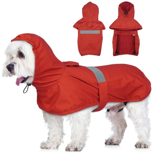 Lelepet Hunderegenmantel, wasserdichter Regenmantel für mittelgroße Hunde, winddichter Poncho mit verstellbaren Hinterbeingurten und reflektierenden Streifen, Rot M von LeLePet