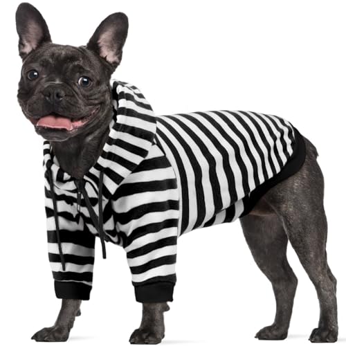 Lelepet Kapuzenpullover für Hunde mit französischer Bulldogge, gestreiftes Hunde-Sweatshirt mit Reißverschluss, weicher Hundepullover mit Kapuze für Hunde, Gemütliches Welpenshirt, Schwarz L von LeLePet