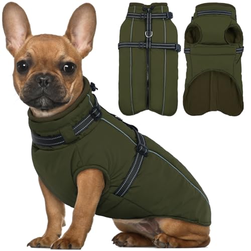 Lelepet Kleiner Hundemantel mit Geschirr, warme, wasserdichte Fleecejacke, Winter, reflektierende Weste, Schneeanzug für Chihuahua, Malteser, Armeegrün, Größe XS von LeLePet