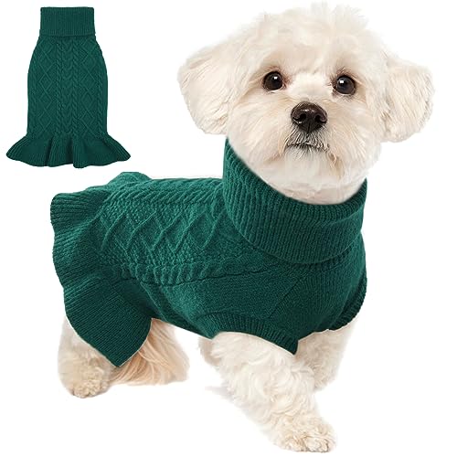 Lelepet Medium Dog Sweaters for Girls Dog Sweater Dress Dog Sweater for Medium Dogs Turtleneck Pullover Dog Knitwear Cable Knit Warm Dog Dress Puppy Fall Pet Sweater, Mops, Pomeranian M, Dark Green von LeLePet