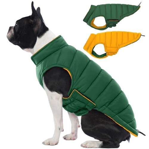 Lelepet Warme Hunde-Pufferjacke, wendbar, gepolstert, winddicht, leicht, für kaltes Wetter, Hundeanzug mit Haken und Schlaufe, fusselfrei, Mäntel für mittelgroße Hunde, Mops, Grün, Größe M von LeLePet