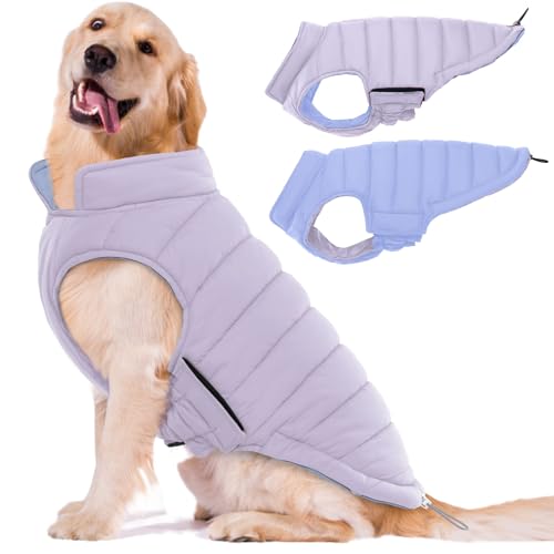 Lelepet Warme Hunde-Pufferjacke, wendbar, gepolstert, winddicht, leicht, für kaltes Wetter, mit Klettverschluss für extra große Hunde, fusselfrei, einfaches An- und Ausziehen, Lila, Größe XXXL von LeLePet
