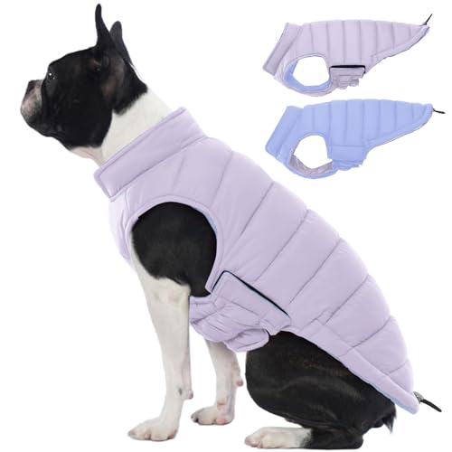 Lelepet Warme Hunde-Pufferjacke, wendbar, gepolstert, winddicht, leicht, für kaltes Wetter, mit Klettverschluss für mittelgroße Hunde, fusselfrei, einfaches An- und Ausziehen, Mops, Lila, Größe M von LeLePet