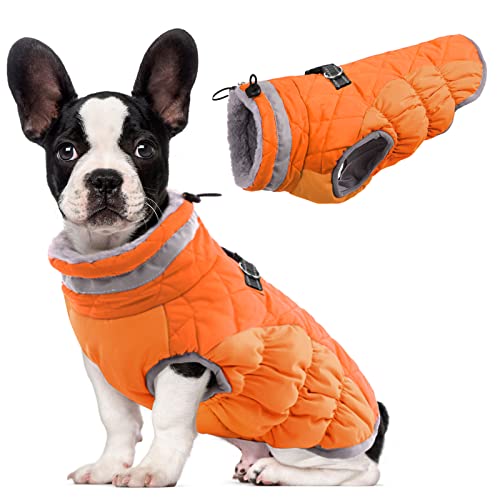 Lelepet Wasserdicht Hundemantel, Winter Winddicht Hundejacke mit Geschirr, Warme Reflektierend Schneeanzug Winterweste, Kaltes Wetter Hundepullover für Kleine Mittlere Große Hunde (Orange, S) von LeLePet