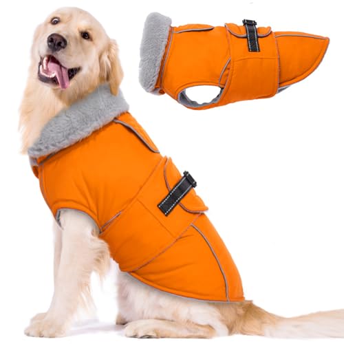 Lelepet Hundemantel Winterweste Reflektierende Fleece Hundejacke für Extra Große Hunde Wasserdicht Hundejacke Wintermantel Warme Winterjacke mit Verstellbarer Schnalle, Orange 3XL von LeLePet