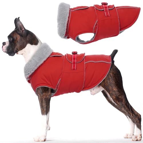 Lelepet Warmer Hundemantel, Reflektierende Hundefleeceweste Wasserdicht Hundejacke Winddicht Wintermantel, Hund Kaltwettermantel mit Verstellbarer Schnalle Fleecefutter Hund Schneeanzug (Rot, M) von LeLePet