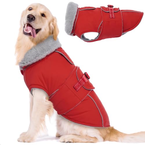 Lelepet Warmer Hundemantel, Reflektierende Hundefleeceweste Wasserdicht Hundejacke Winddicht Wintermantel, Hund Kaltwettermantel mit Verstellbarer Schnalle Fleecefutter Hund Schneeanzug (Rot, XL) von LeLePet