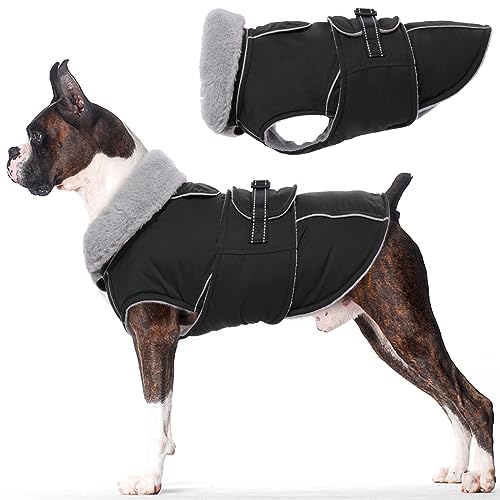 Lelepet Warmer Hundemantel, Reflektierende Hundefleeceweste Wasserdicht Hundejacke Winddicht Wintermantel, Hund Kaltwettermantel mit Verstellbarer Schnalle Fleecefutter Hund Schneeanzug (Schwarz, L) von LeLePet