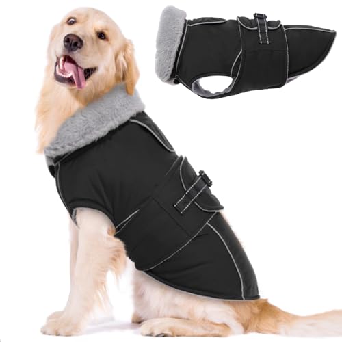 Lelepet Warmer Hundemantel, Reflektierende Hundefleeceweste Wasserdicht Hundejacke Winddicht Wintermantel, Hund Kaltwettermantel mit Verstellbarer Schnalle Fleecefutter Hund Schneeanzug (Schwarz, XL) von LeLePet