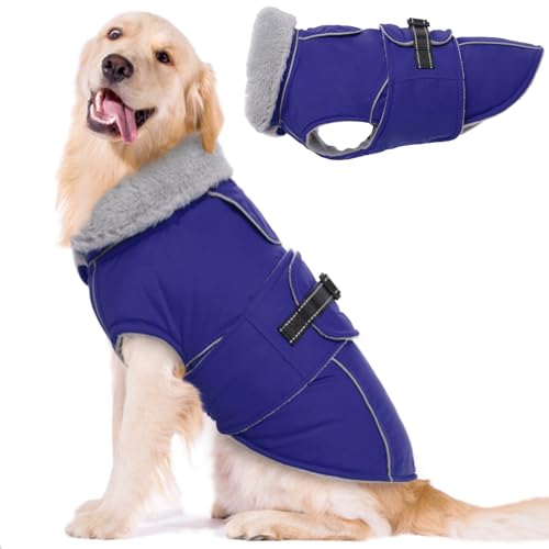 Lelepet Warmer Hundemantel, Reflektierende Hundefleeceweste Wasserdicht Hundejacke Winddicht Wintermantel, Hund Kaltwettermantel mit Verstellbarer Schnalle Fleecefutter Hund Schneeanzug (Blau, XL) von LeLePet