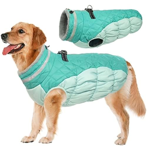 Lelepet Wasserdicht Hundemantel, Winter Winddicht Hundejacke mit Geschirr, Warme Reflektierend Schneeanzug Winterweste, Kaltes Wetter Hundepullover für Kleine Mittlere Große Hunde (Mintgrün, XL) von LeLePet