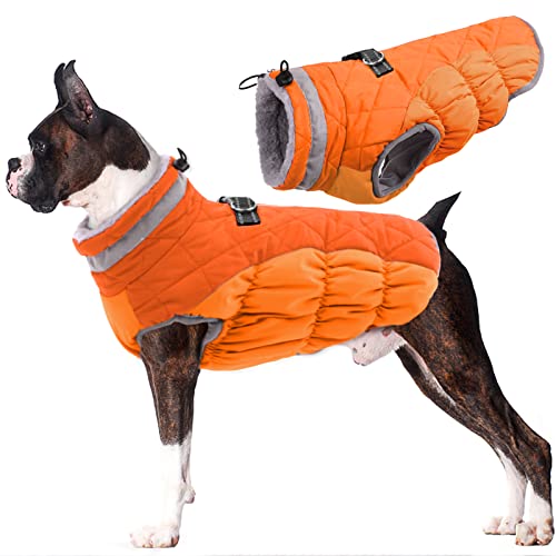 Lelepet Wasserdicht Hundemantel, Winter Winddicht Hundejacke mit Geschirr, Warme Reflektierend Schneeanzug Winterweste, Kaltes Wetter Hundepullover für Kleine Mittlere Große Hunde (Orange, M) von LeLePet