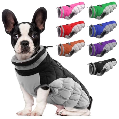 Lelepet Wasserdicht Hundemantel, Winter Winddicht Hundejacke mit Geschirr, Warme Reflektierend Schneeanzug Winterweste, Kaltes Wetter Hundepullover für Kleine Mittlere Große Hunde (Schwarz, S) von LeLePet