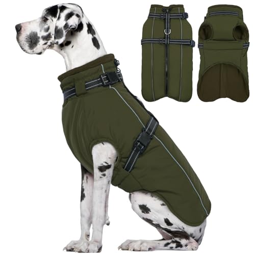 Lelepet Weimaraner Hundemantel mit Geschirr, warme, wasserdichte Fleecejacke, reflektierende Winterweste, Schneeanzug für große Hunde, Armeegrün, Größe 3XL Lelepet Weimaraner Hundemantel mit Geschirr, warme, wasserdichte Fleecejacke, reflektierende Winterweste, Schneeanzug für große Hunde, Armeegrün, Größe 3XL von LeLePet