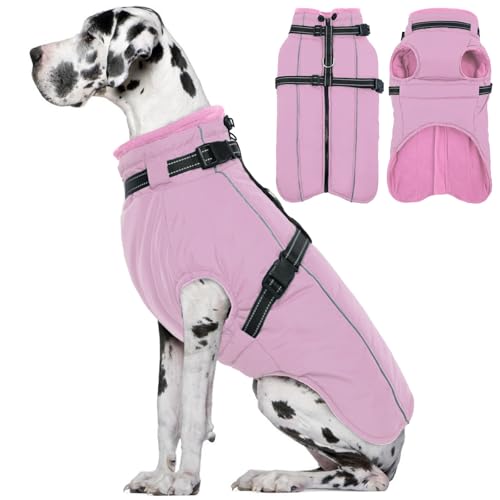 Lelepet Weimaraner Hundemantel mit Geschirr, warme, wasserdichte Fleecejacke, reflektierende Winterweste, Schneeanzug für große Hunde, Rosa, Größe 3XL Lelepet Weimaraner Hundemantel mit Geschirr, warme, wasserdichte Fleecejacke, reflektierende Winterweste, Schneeanzug für große Hunde, Rosa, Größe 3XL von LeLePet
